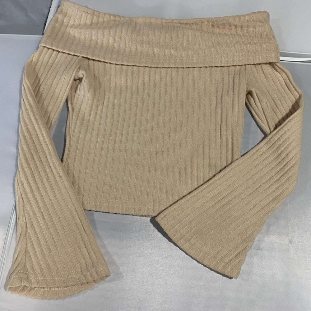 Cider Off-Shoulder Ribbed Sweater - Beige‎